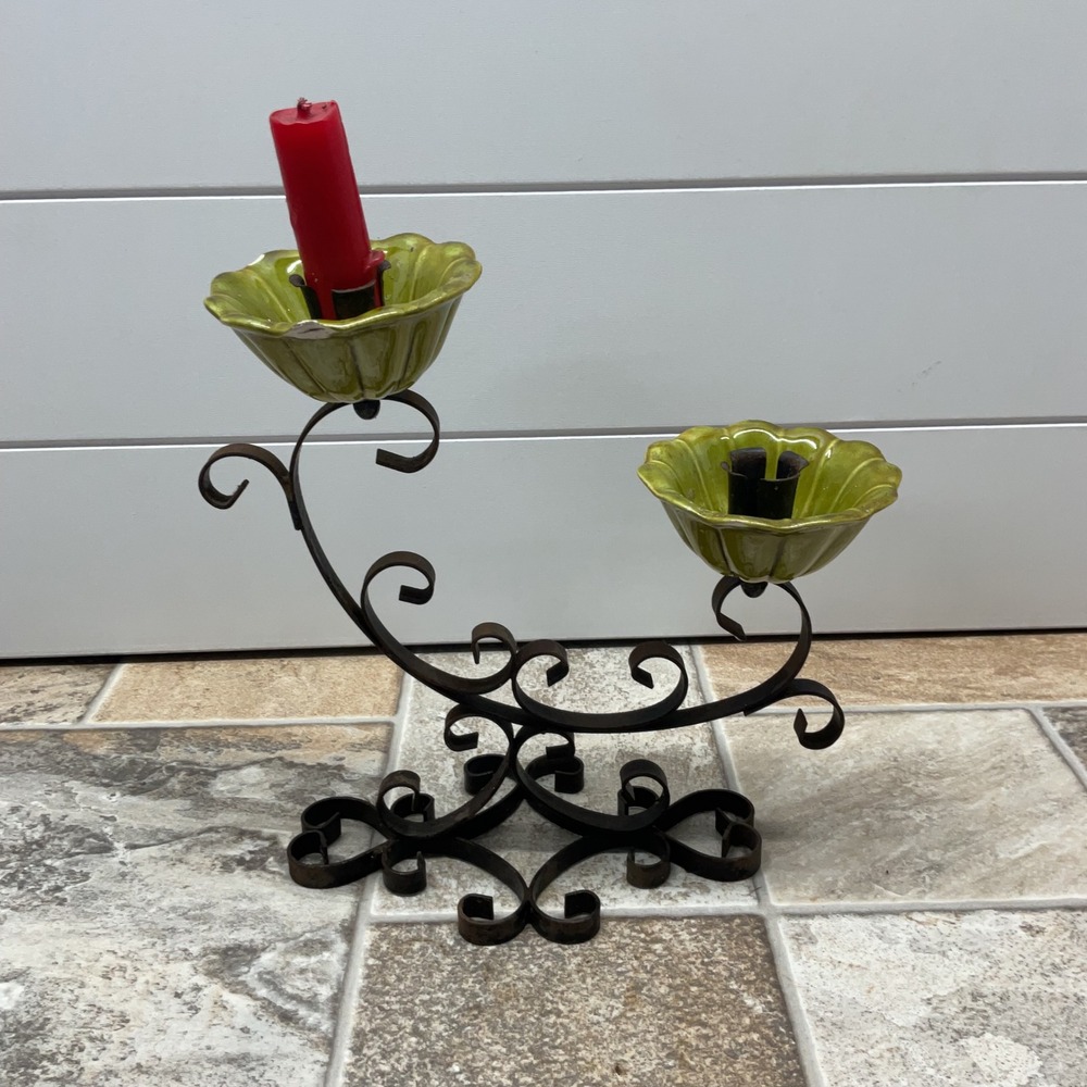 Vintage Wrought Iron Scroll Candelabra Chartreuse Green Ceramic Flower Basins